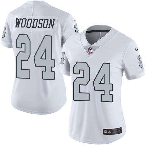 Nike Raiders #24 Charles Woodson White Women's Stitched NFL Limited Rush Jersey - Click Image to Close